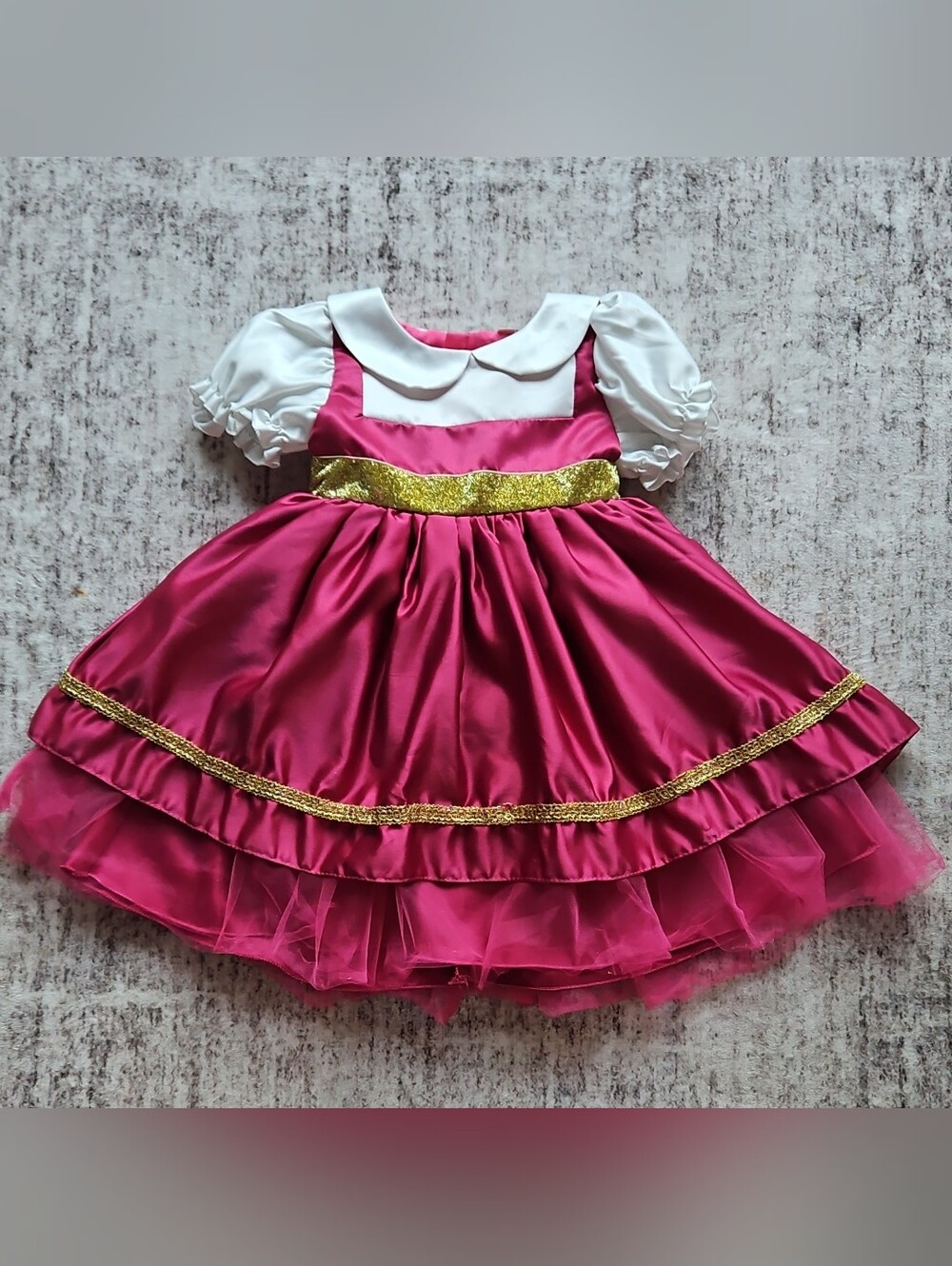 Girls Fuchsia Satin Party Costume Dress with Gold Trim Masha And Bear